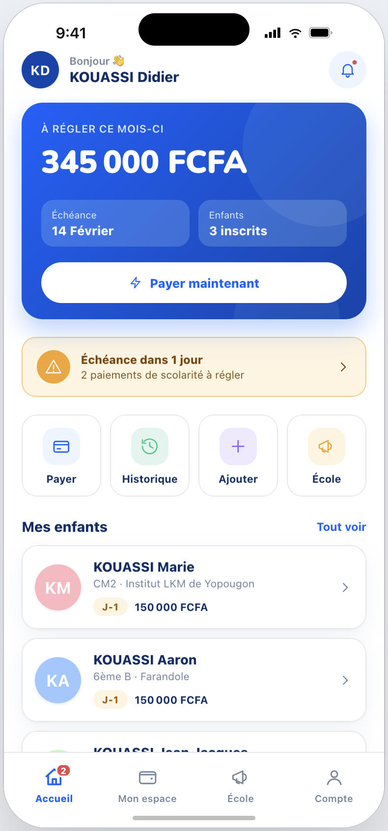 Application Nelima pour les familles : solde à régler, échéance, enfants inscrits et paiement en un geste